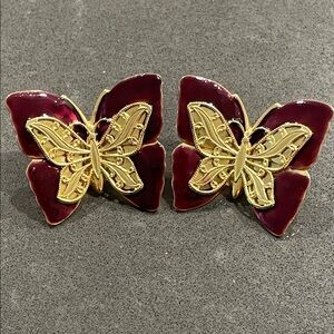 Vintage Gold Tone and Red Enamel Butterfly Large Statement Earrings